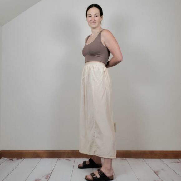 Vintage 70s 80s Silk Cotton Midi Prairie Skirt Beige Cream 36" - Picture 2 of 10